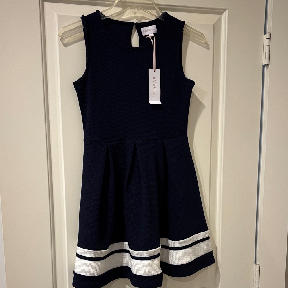 BCBG Elegant Navy Dress with White Stripes